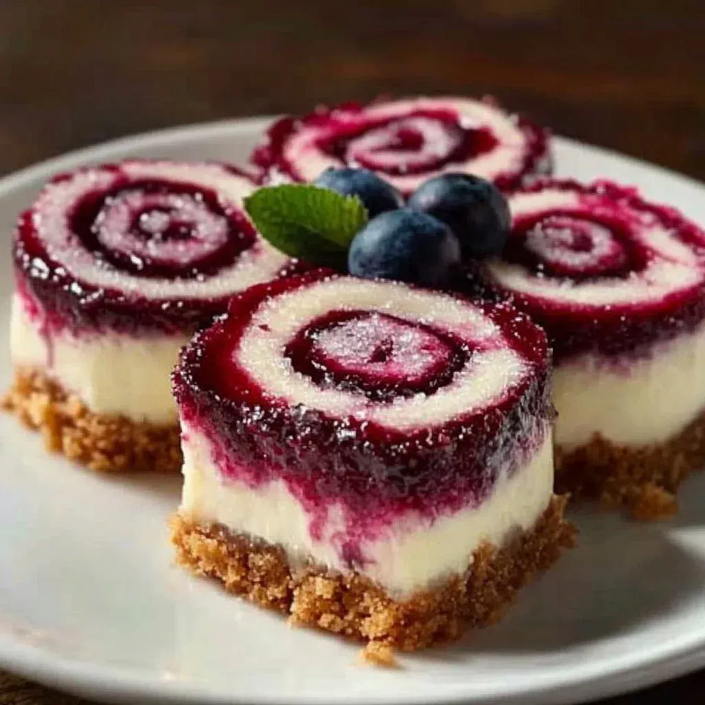 Delicious berry swirl cheesecake bites on a plate, perfect for dessert lovers.