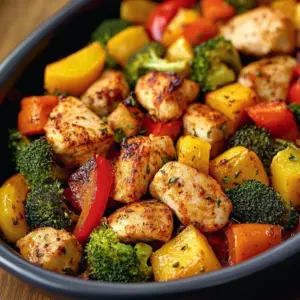 Air Fryer Chicken with colorful vegetables in a serving dish.