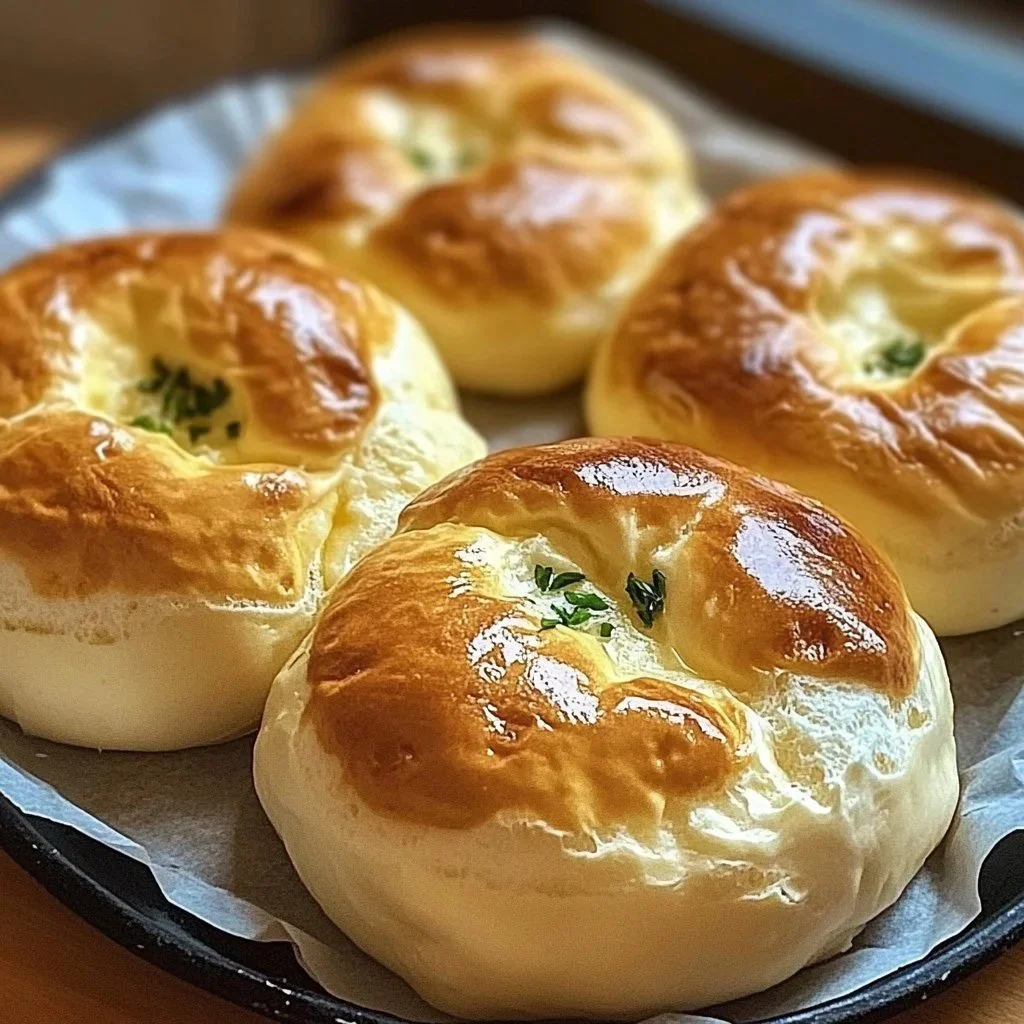 Fluffy cottage cheese cloudbread served on a wooden table.