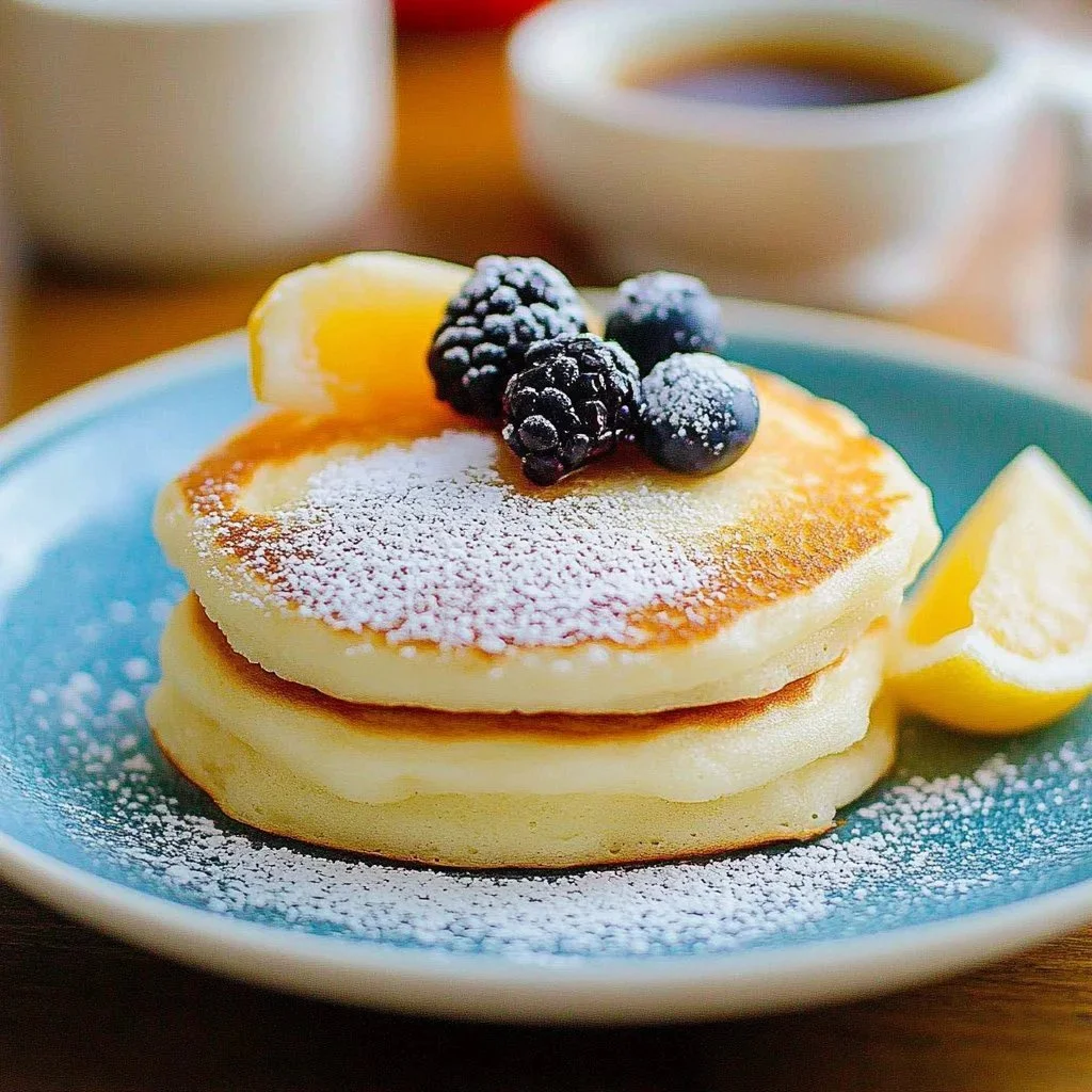 Fluffy Japanese souffle pancakes stacked on a plate with syrup and berries