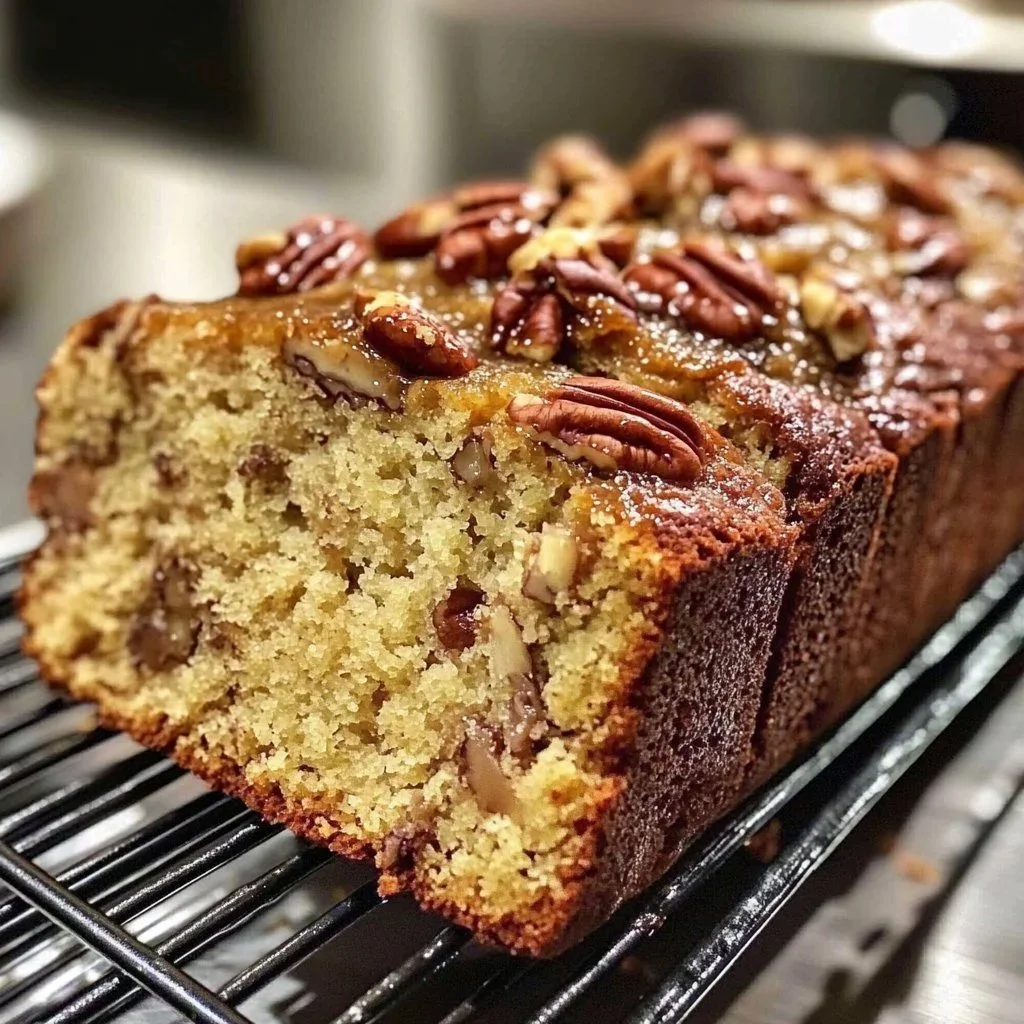 A loaf of Alabama Pecan Sweet Bread garnished with pecans on a wooden table.