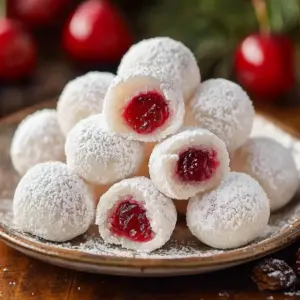 Almond Cherry Snowball Cookies dusted with powdered sugar on a plate