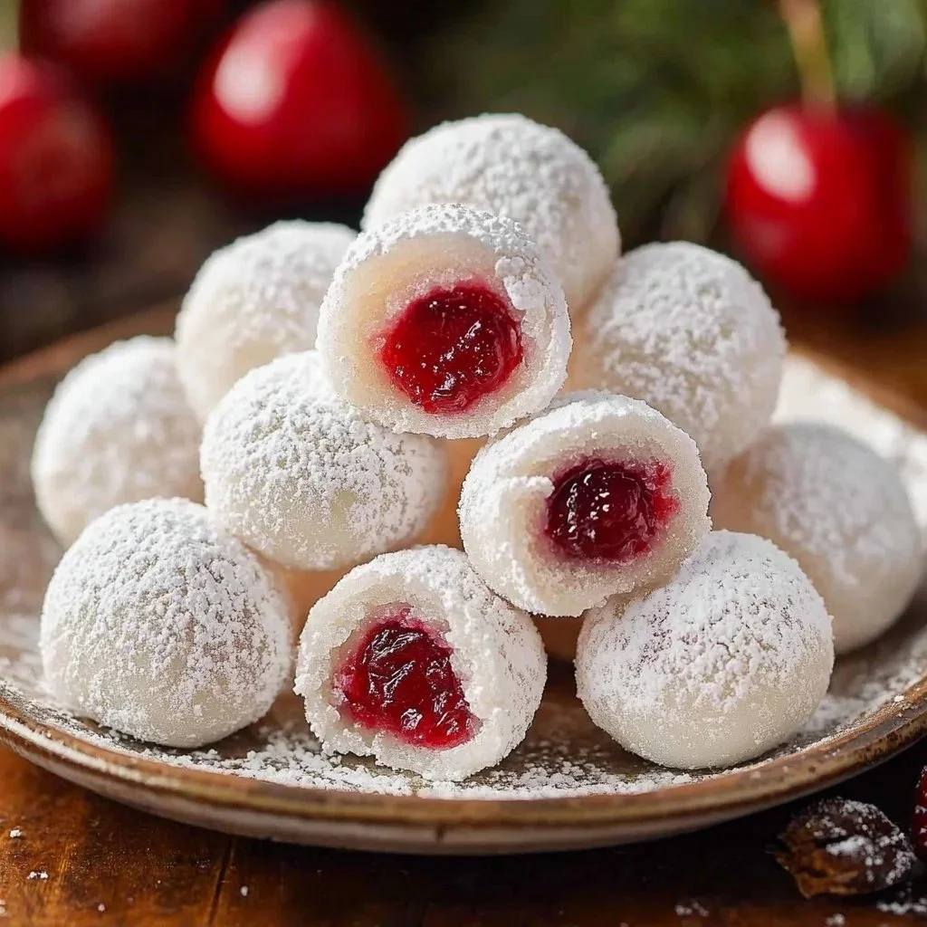 Almond Cherry Snowball Cookies dusted with powdered sugar on a plate