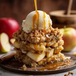 Delicious apple bars topped with oat streusel on a wooden table