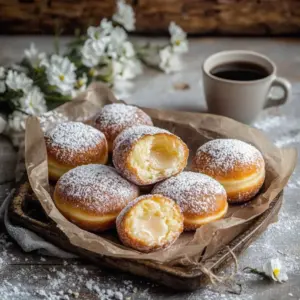Delicious authentic Italian cream-filled bomboloni on a rustic table