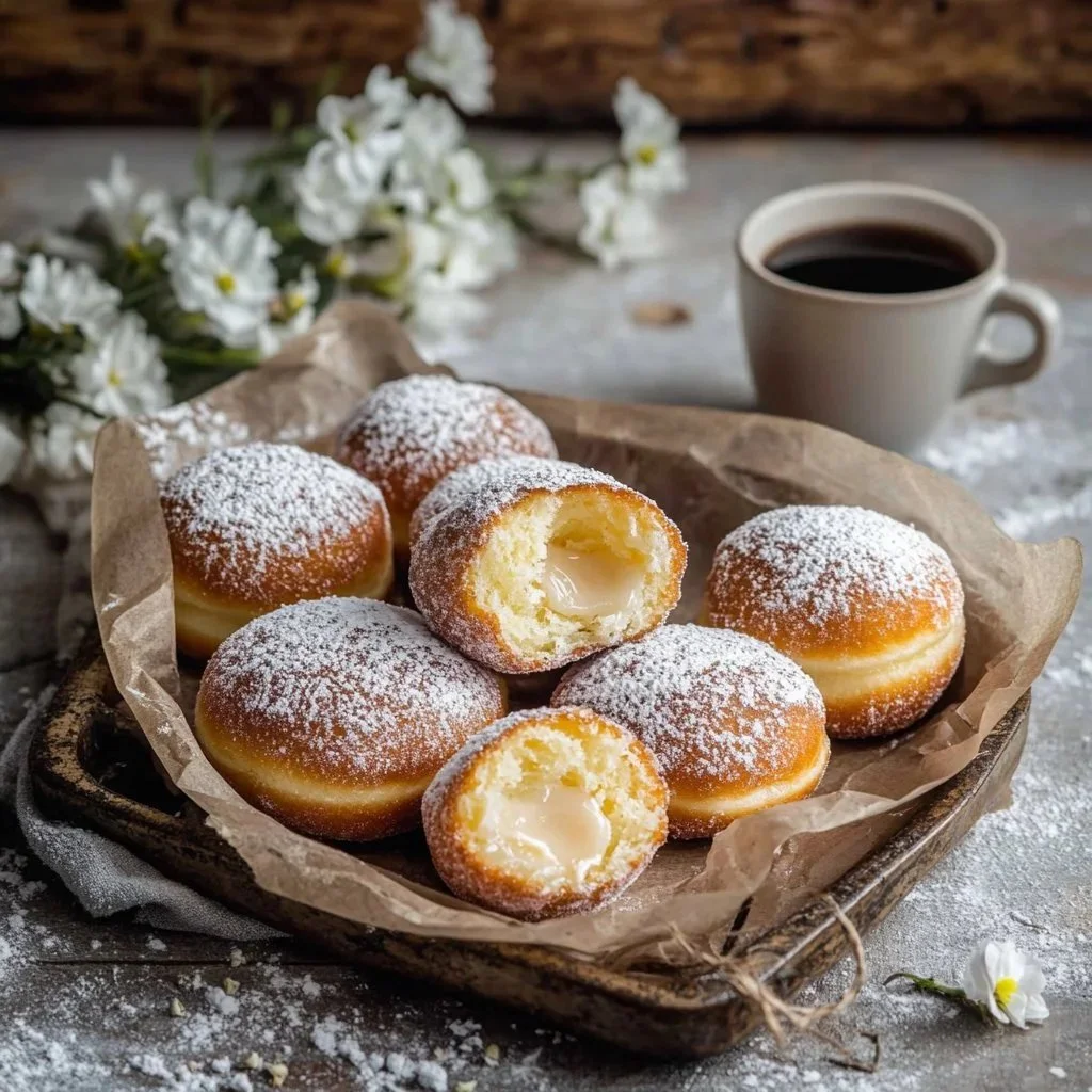 Delicious authentic Italian cream-filled bomboloni on a rustic table