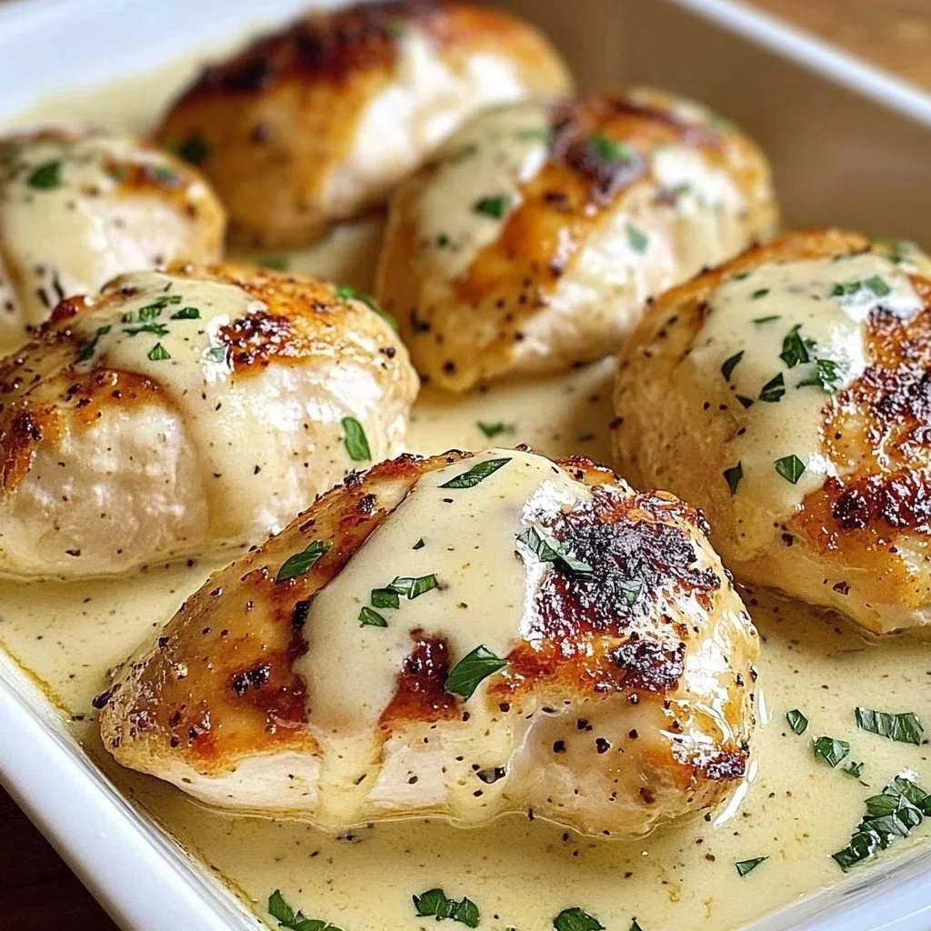 Delicious Baked Caesar Chicken topped with Creamy Parmesan sauce.