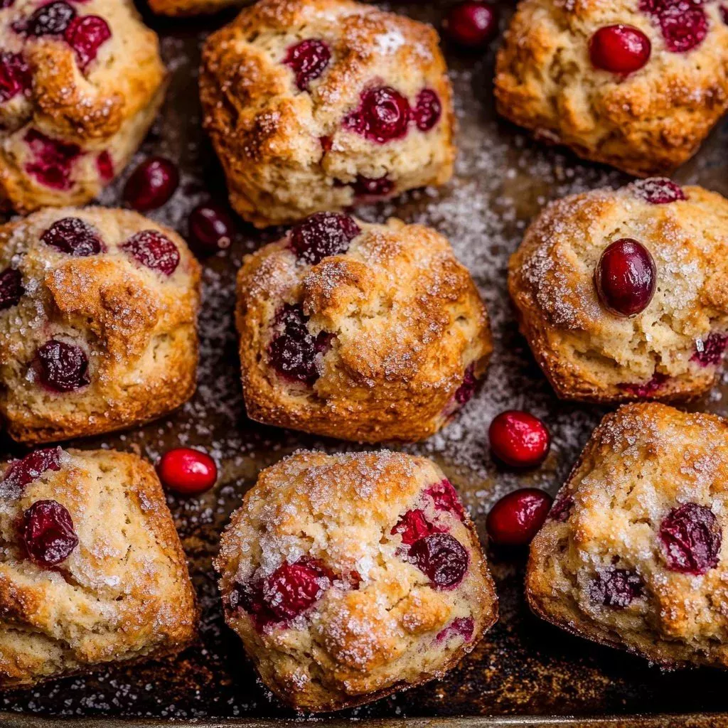 Bakery style cranberry orange muffins on a plate, fresh out of the oven.
