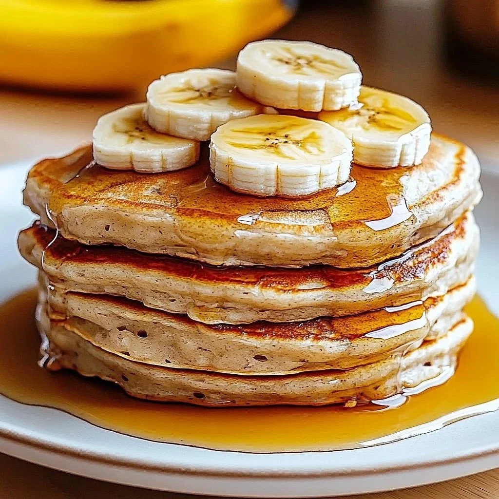 Fluffy banana oat pancakes topped with fresh bananas and syrup.