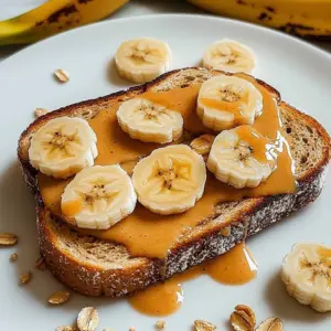 Delicious Banana Peanut Butter Toast topped with sliced bananas.
