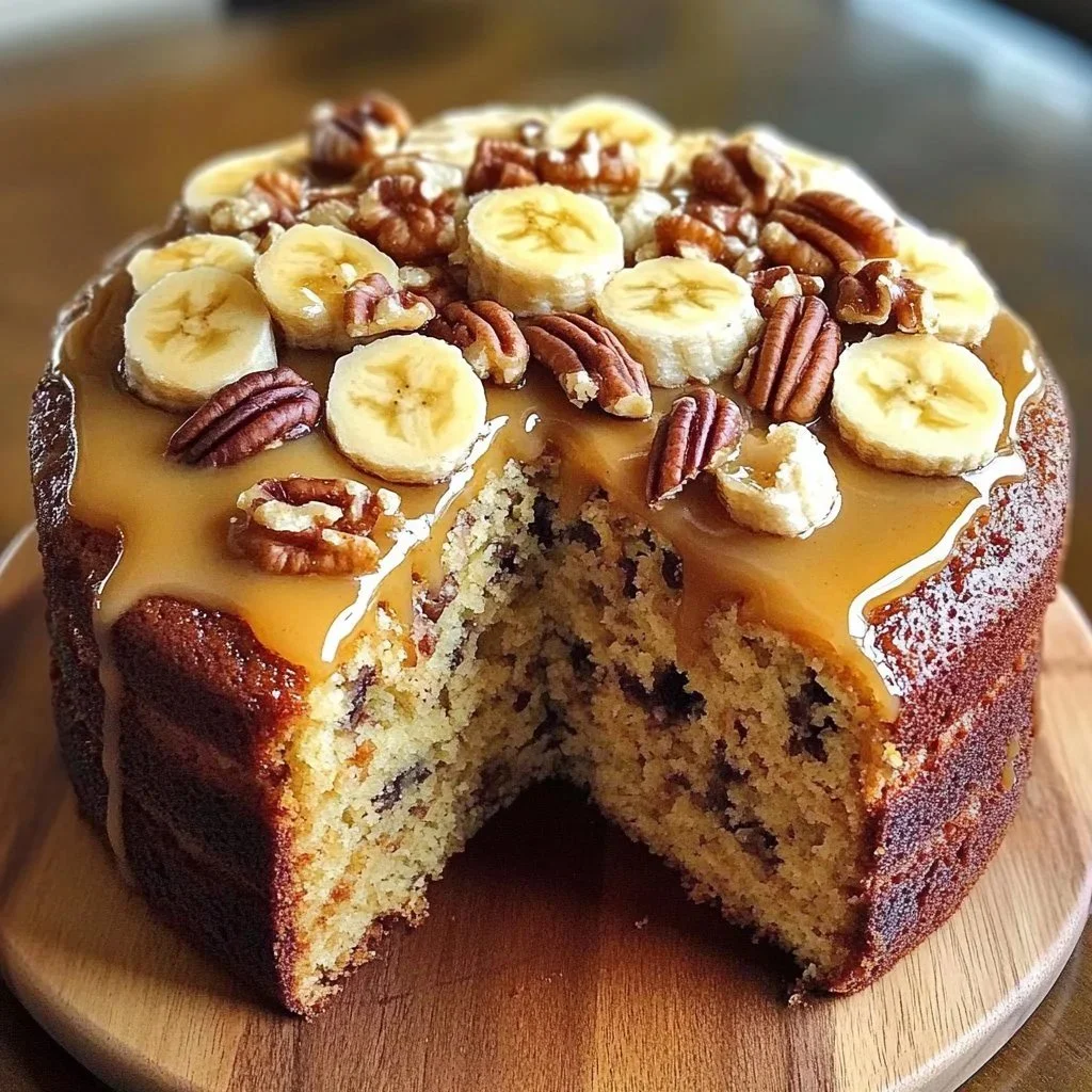 Banana Pecan Caramel Cake with nuts and caramel drizzle on a rustic plate