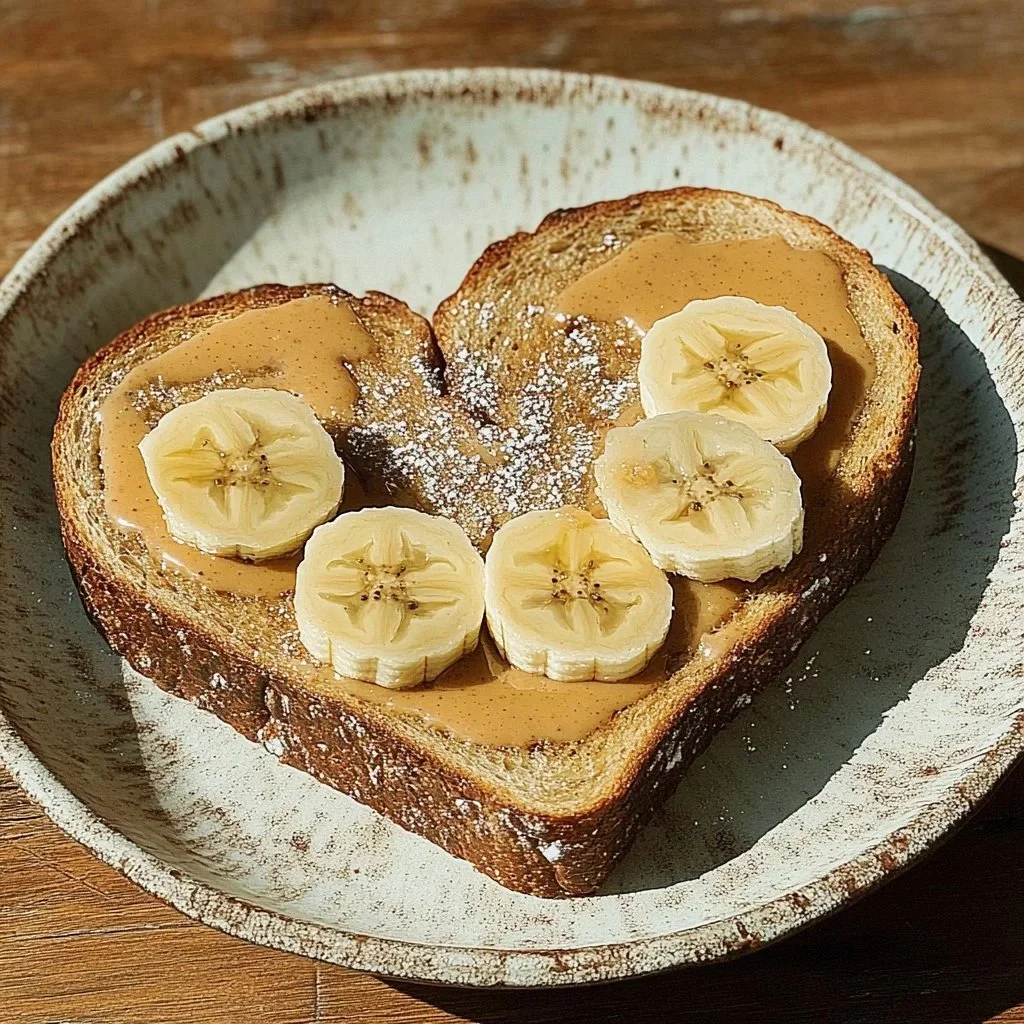 Slice of banana toast topped with peanut butter and banana slices.
