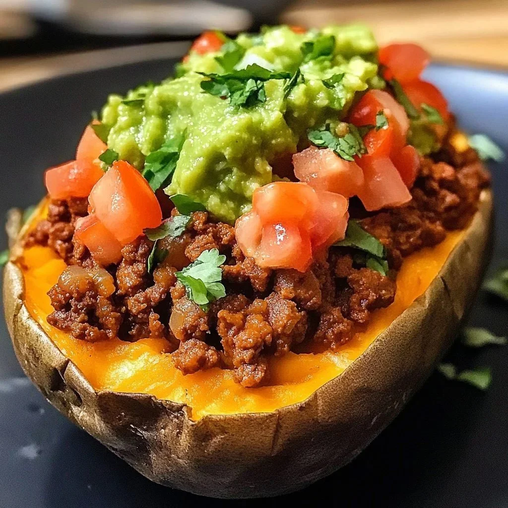 Beef and Cheddar Guacamole stuffed potato topped with fresh ingredients