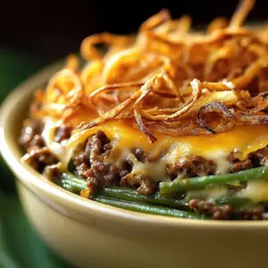 Delicious Beef and Green Bean Casserole in a baking dish