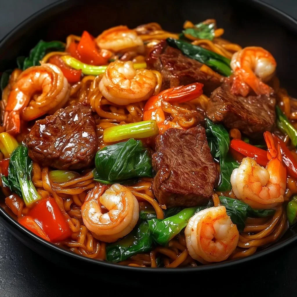 Beef and shrimp stir-fried noodles with colorful vegetables
