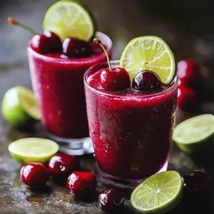Vibrant Beet Cherry Lime Smoothie in a glass garnished with lime.