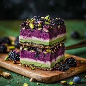 Delicious Berry Pistachio Dream Bars topped with fresh berries and pistachios
