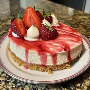 Delicious slice of Berry Swirl Cheesecake topped with mixed berries