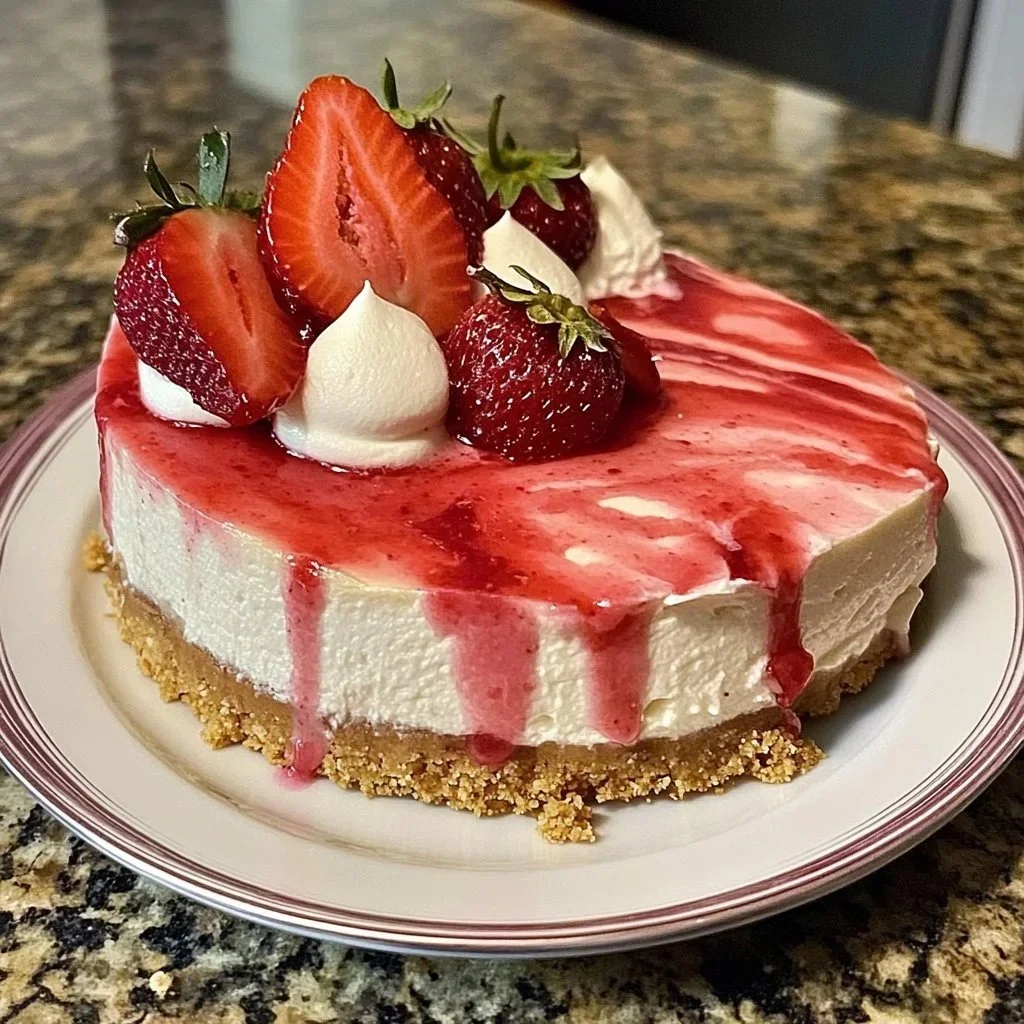 Delicious slice of Berry Swirl Cheesecake topped with mixed berries