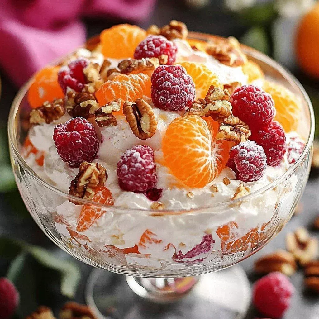 Delicious Ambrosia Salad with fruits and marshmallows served in a bowl.