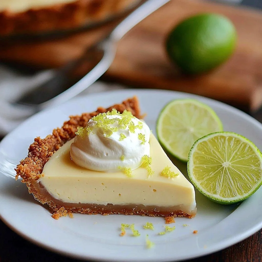 Delicious homemade key lime pie with a graham cracker crust and fresh lime topping