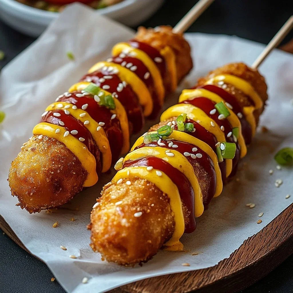 Delicious homemade Korean Corn Dogs with crispy exterior and gooey cheese