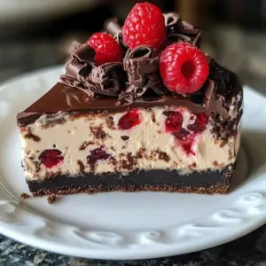 Delicious slice of Black Forest Cheesecake with cherries and chocolate topping