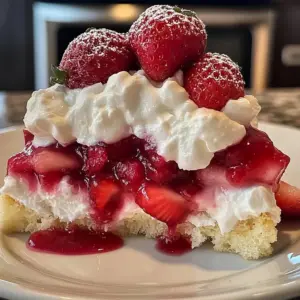Delicious strawberry shortcake topped with fresh strawberries and whipped cream