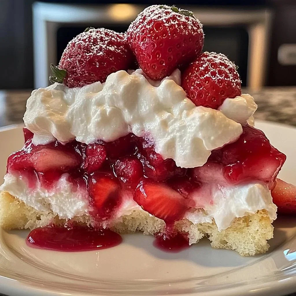 Delicious strawberry shortcake topped with fresh strawberries and whipped cream