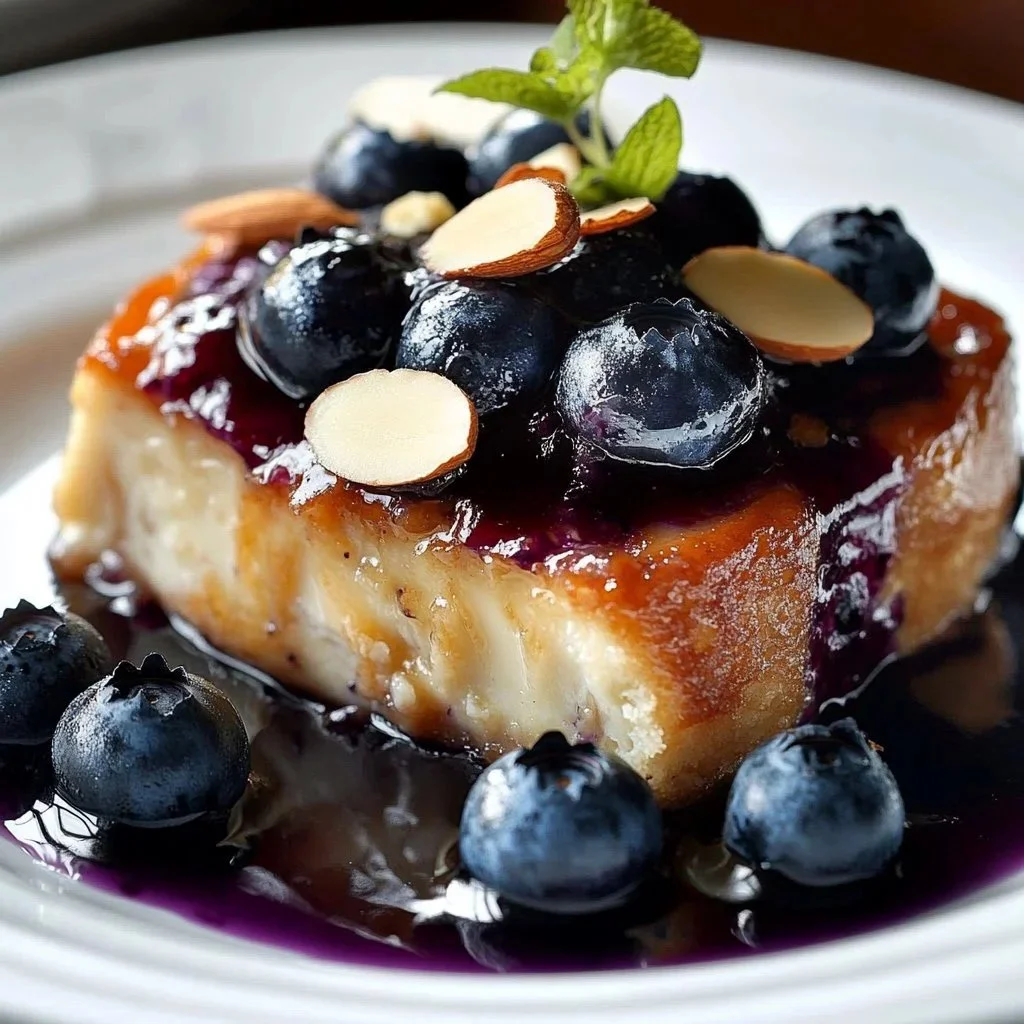Blueberry cottage cheese breakfast casserole baked in a dish with blueberries on top.