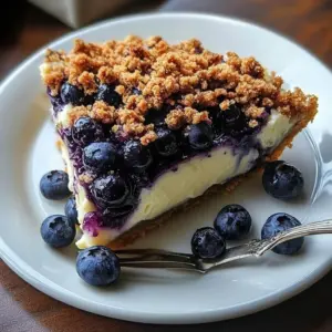 Slice of blueberry crumble cheesecake on a plate with fresh blueberries