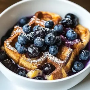 Delicious Blueberry French Toast Bake topped with fresh blueberries and syrup