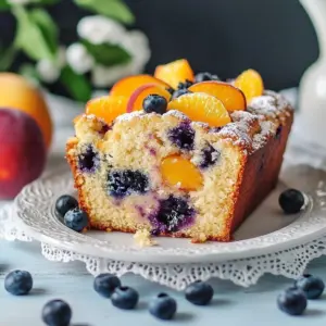 Freshly baked Blueberry Peach Bread sliced on a wooden board