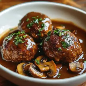 Bobby Flay's juicy Salisbury steak served with rich gravy and vegetables.
