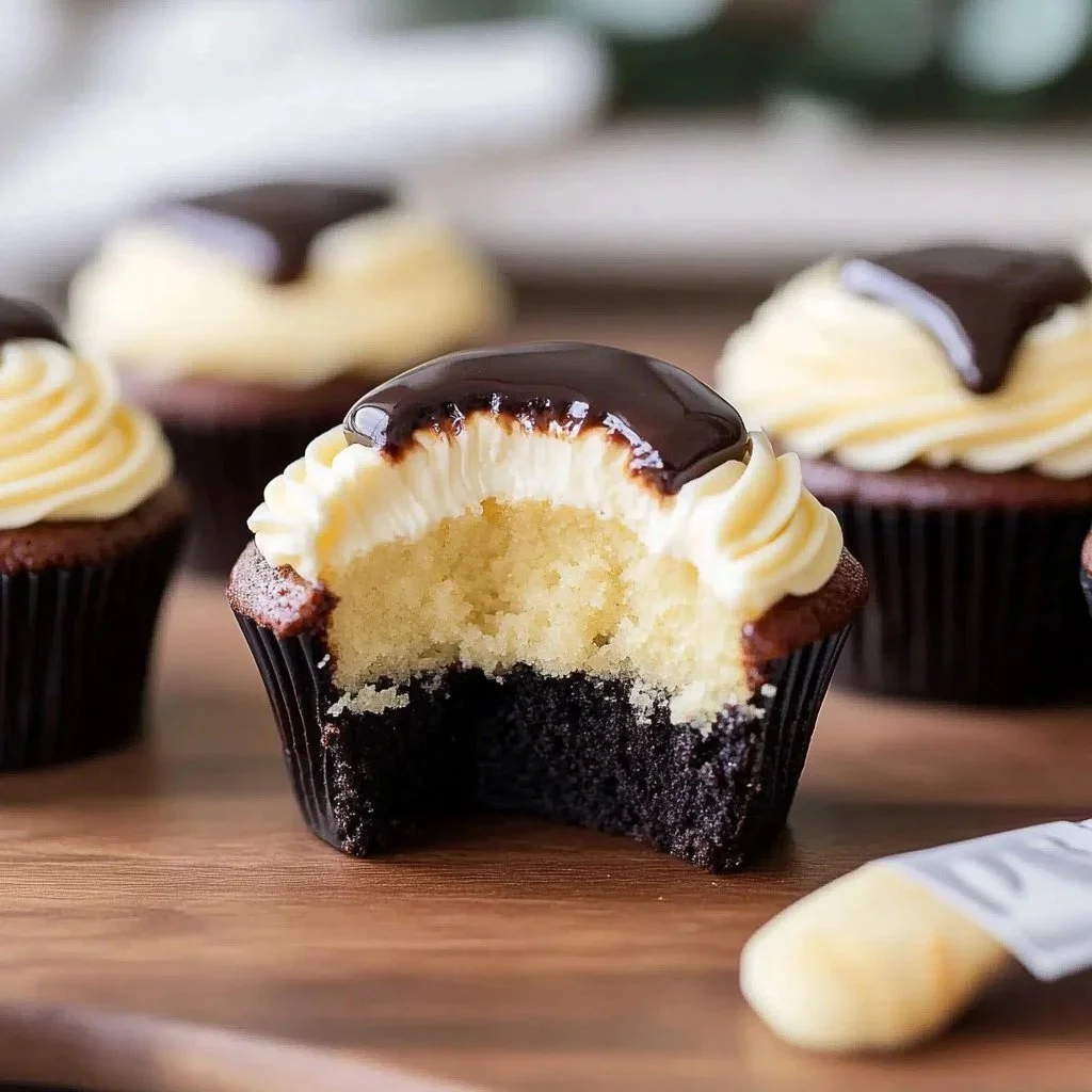 Delicious Boston Cream Cupcake topped with chocolate icing and creamy filling
