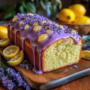 Slice of bright lemon lavender cake with lemon zest and lavender flowers on top.