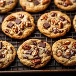 Brown butter bourbon pecan chocolate cookies on a plate