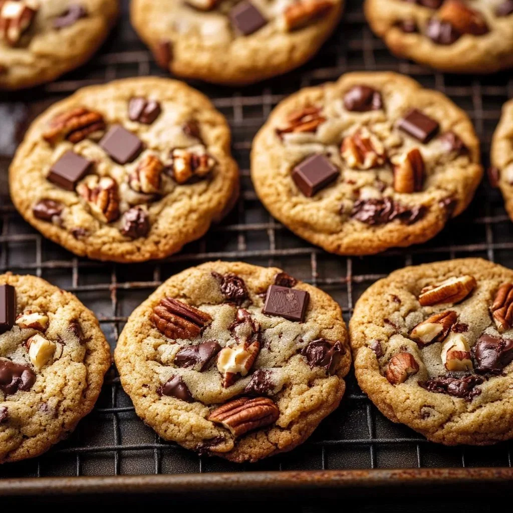 Brown butter bourbon pecan chocolate cookies on a plate