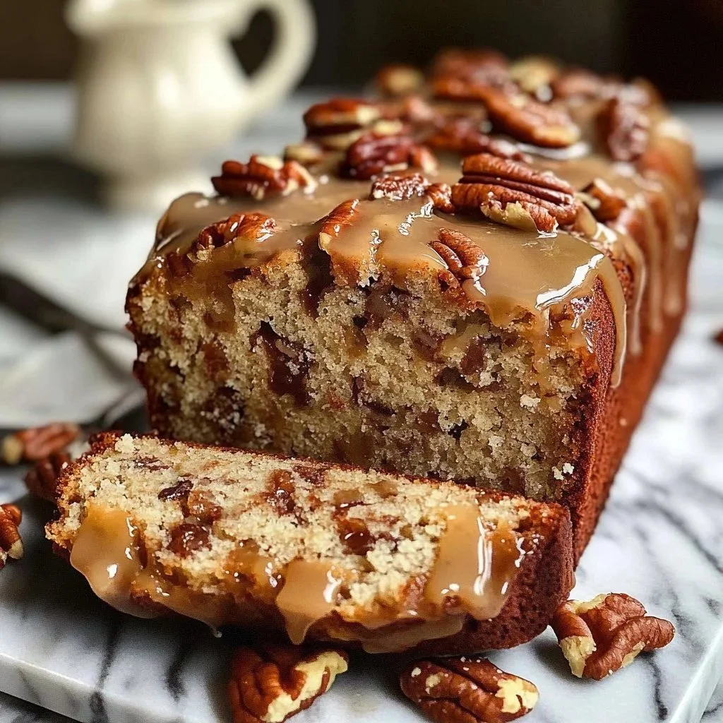 Delicious buttermilk pecan praline loaf cake with caramelized pecans on top.