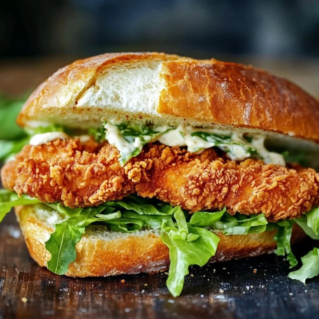 Caesar-Style Crispy Chicken Sandwich topped with greens and Caesar dressing