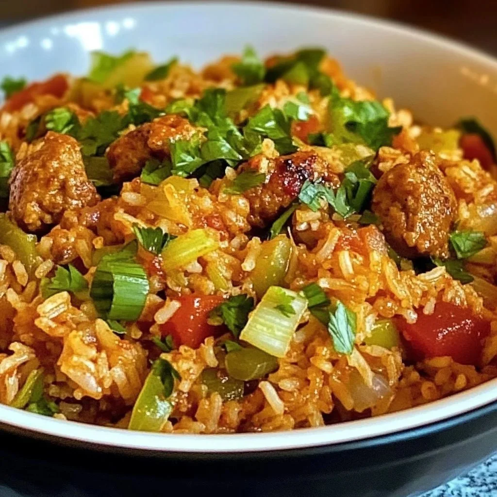 Bowl of Cajun Cabbage Jambalaya garnished with herbs