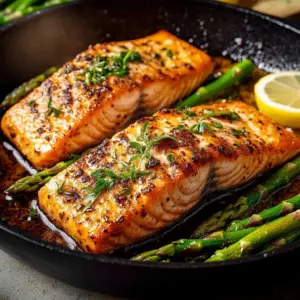 Plate of Cajun Honey Butter Salmon garnished with herbs and lemon slices