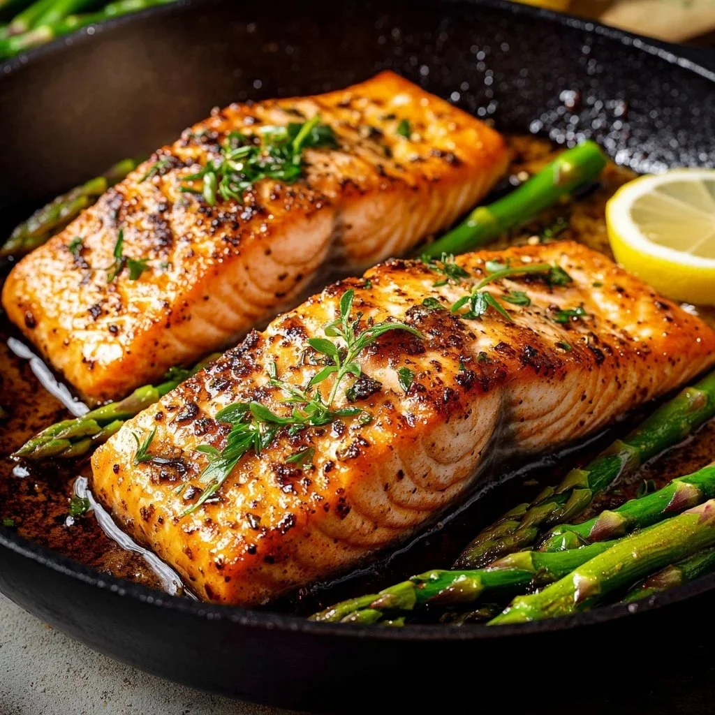 Plate of Cajun Honey Butter Salmon garnished with herbs and lemon slices