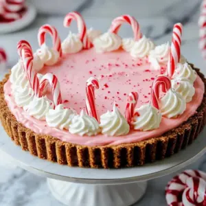 Delicious Candy Cane Pie topped with crushed candy canes and whipped cream