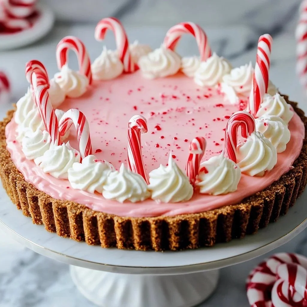 Delicious Candy Cane Pie topped with crushed candy canes and whipped cream