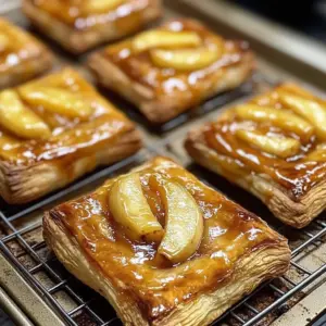 Delicious caramel apple puff pastry topped with caramel drizzle.