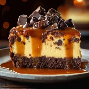 Caramel brownie cheesecake topped with rich caramel drizzle and chocolate swirls