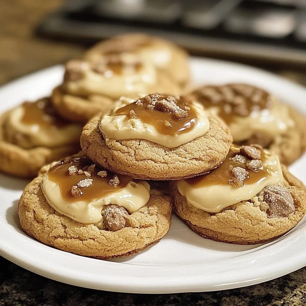 Delicious caramel cheesecake cookies with a rich, creamy topping.