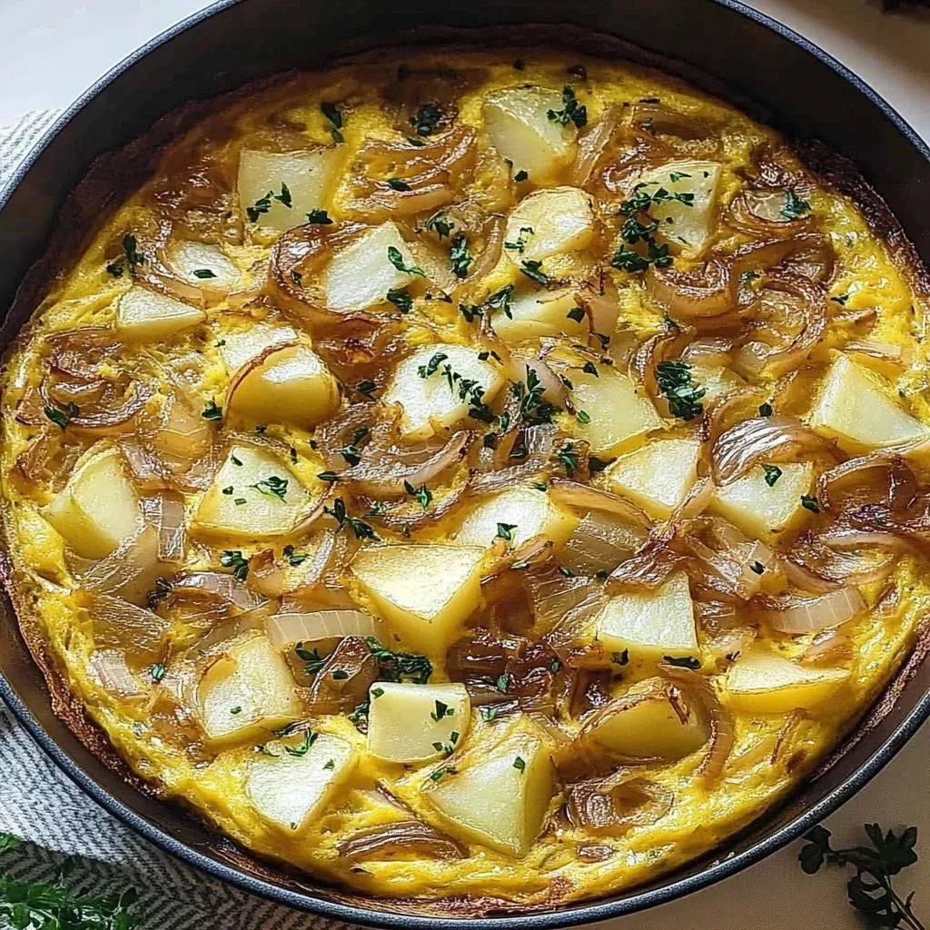 Caramelized onion and potato frittata served on a plate with herbs