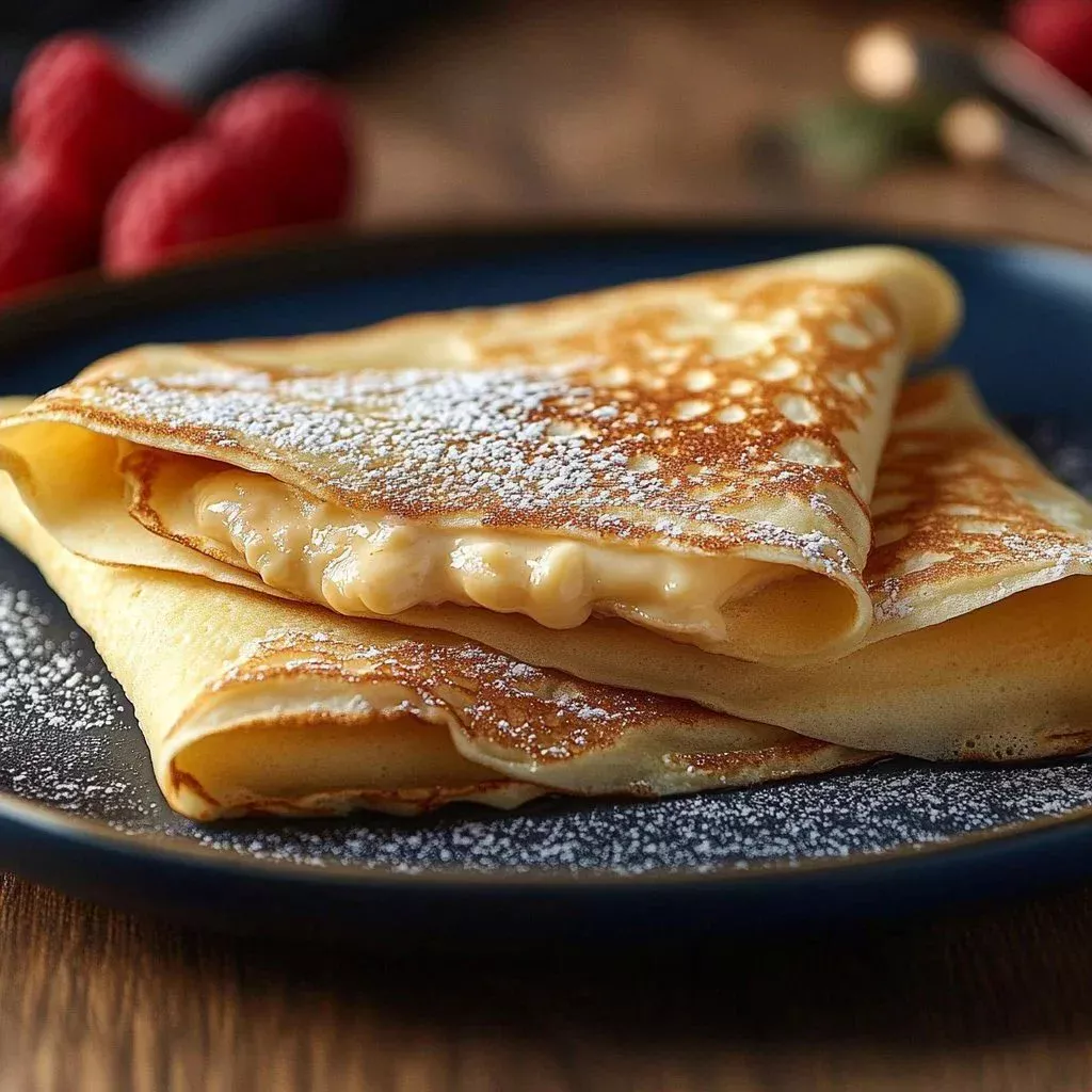 Delicious cheese blintzes served with fruit topping and powdered sugar.